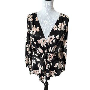 Cinq a Sept Yesenia Floral Long Sleeve Silk Textured Top Black Pink Large